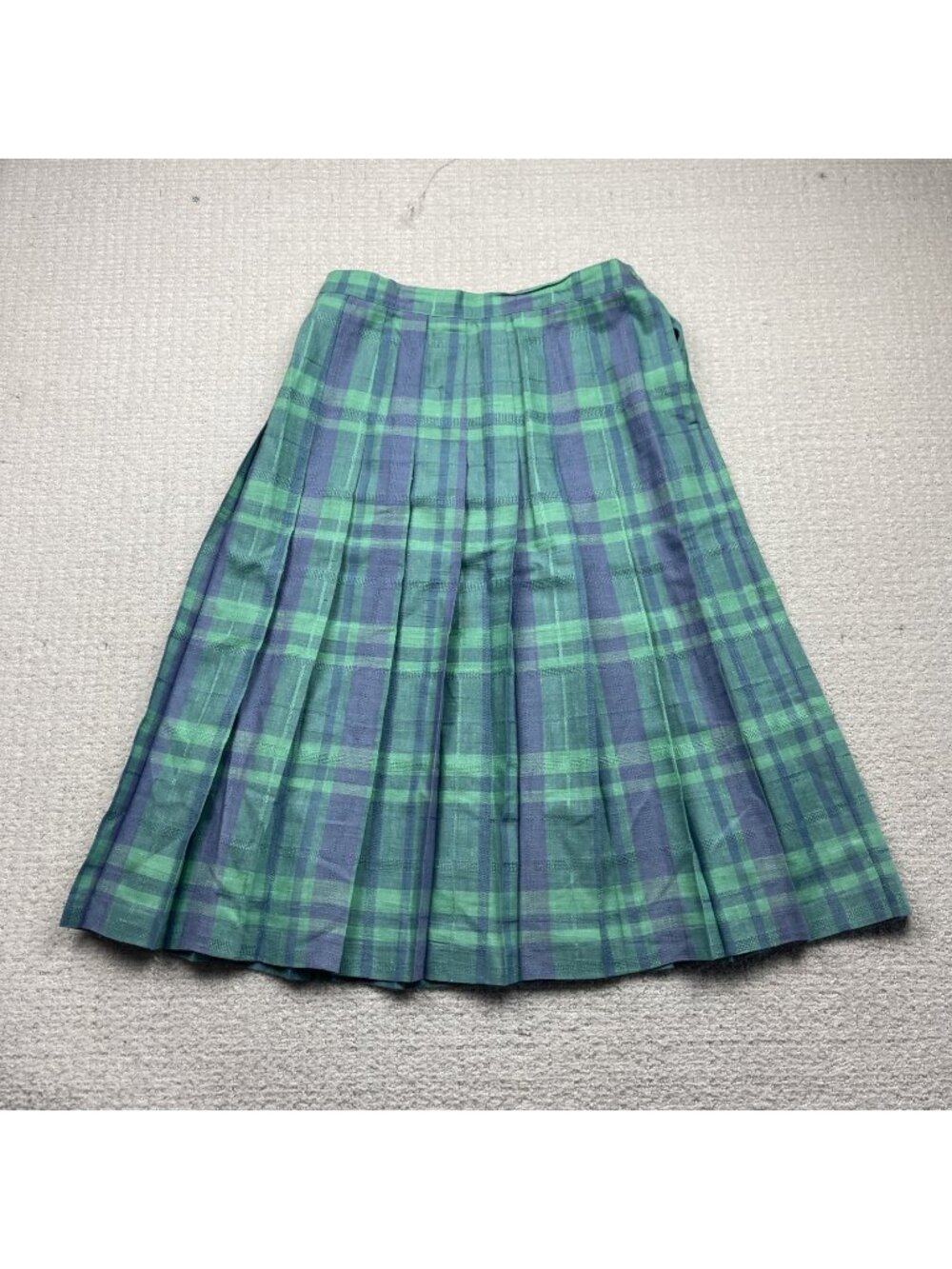 Vintage Pleated Long Skirt Green / Blue Plaid Cottagecore Boho Folk Wom Sz 16